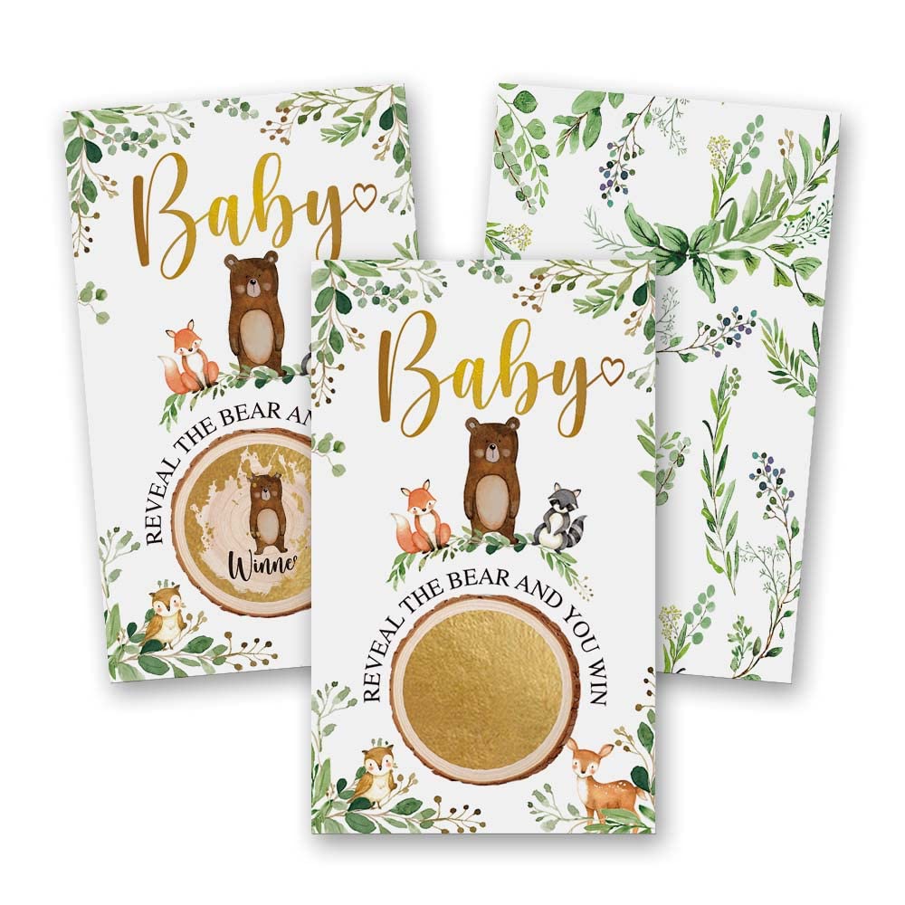 Skuhyyg 50 Pieces Woodland Baby Shower Scratch Off Game, Woodland Forest Animals Neutral Boy Girl Baby Shower Decorative Set, Pr