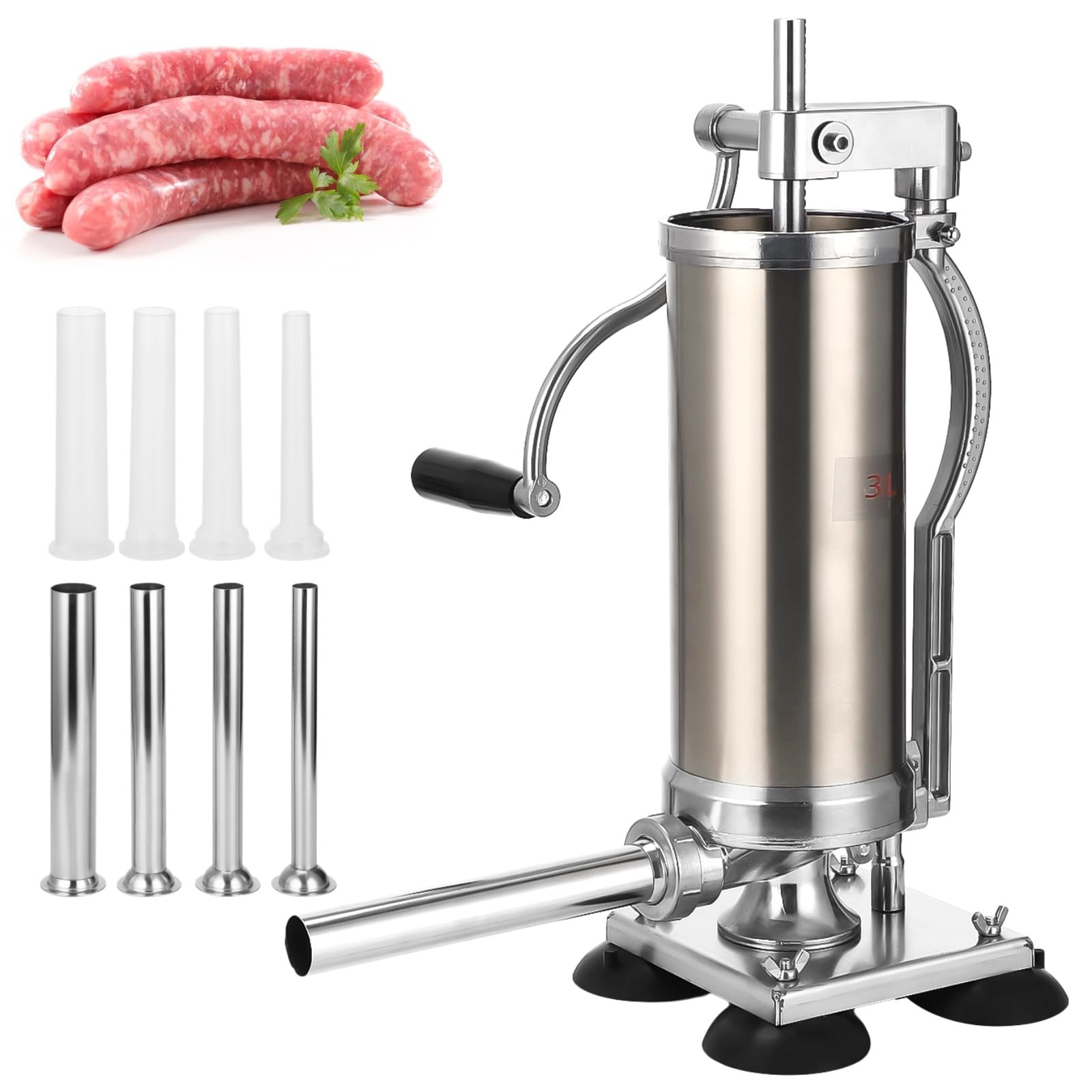 3L Sausage Stuffer with Hand Crank, Vertical Sausage Stuffer Machine Stainless Steel Meat Filling Machine with 8 Tubes, Suction 