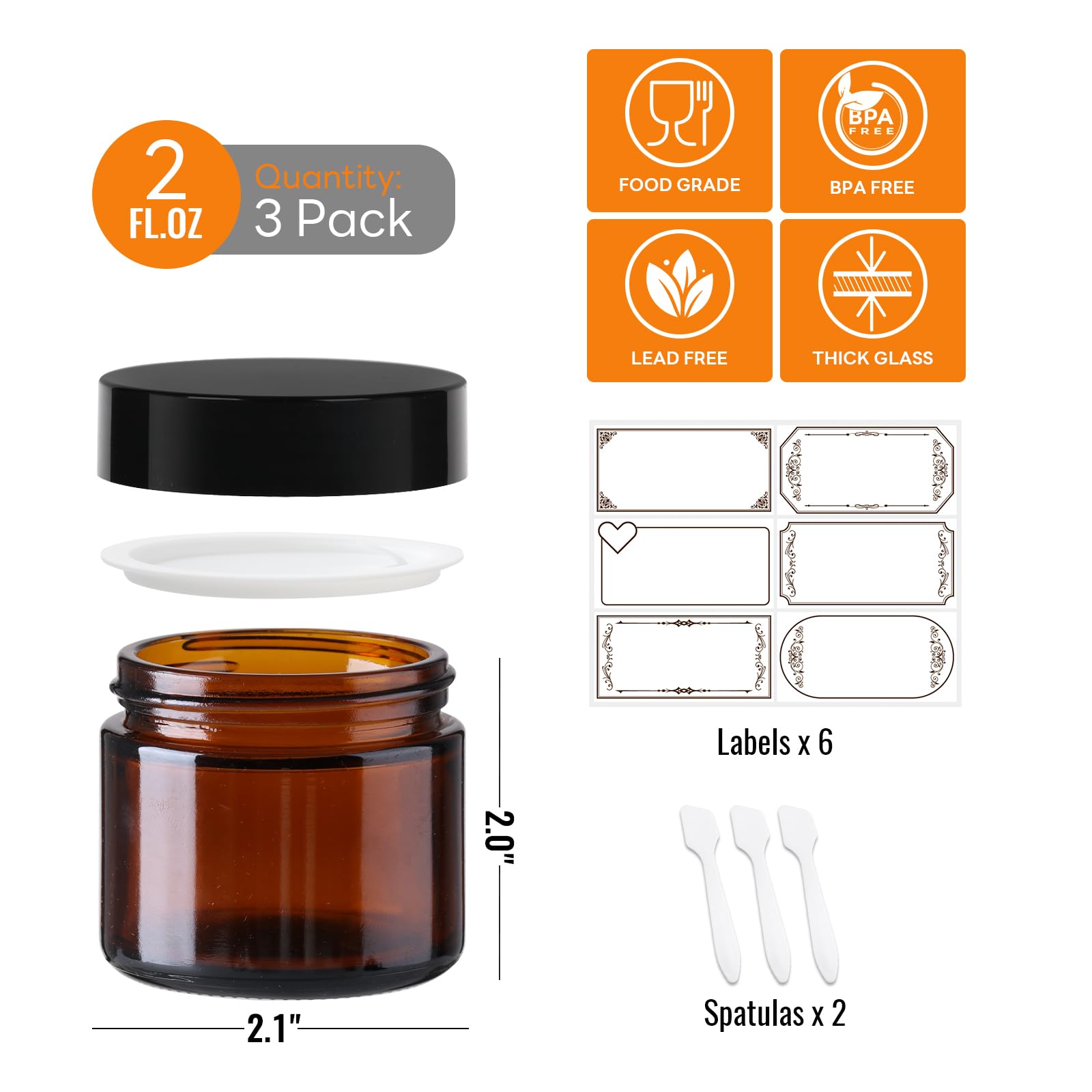 3 Pack 2 Oz Amber Glass Jars With Lids, Cosmetic Jars With Inner Liners And Black Lids, Lotion Jars, Candle Making Jars For Loti