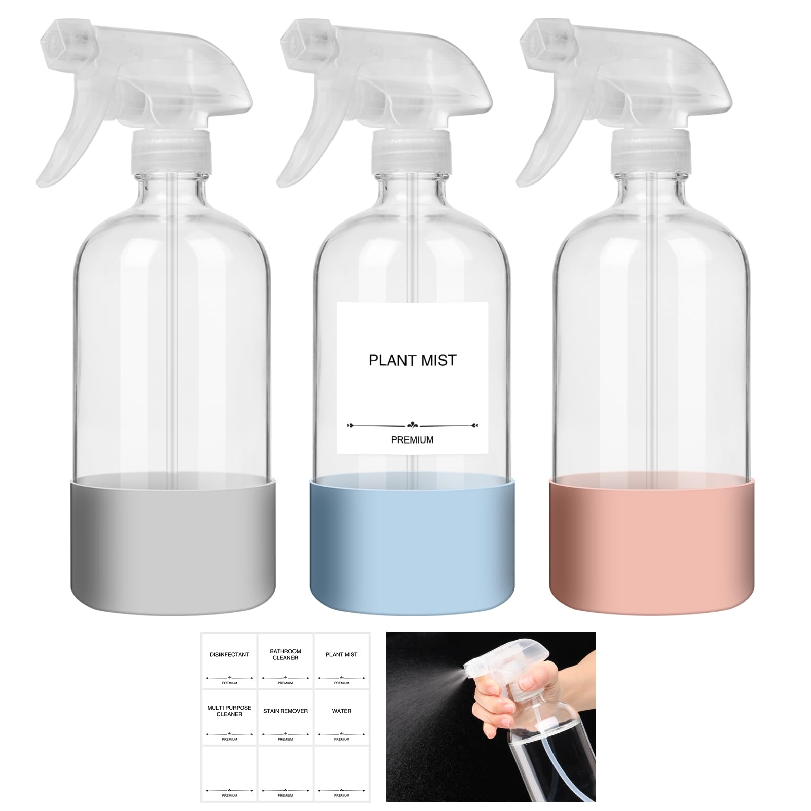 Aurotrends Glass Spray Bottles 16Oz 3Pack, Empty Glass Spray Bottles For Cleaning, Glass Spray Bottle With Silicone Sleeve For C