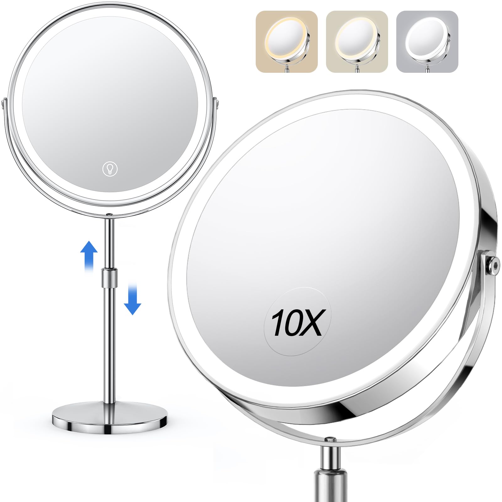 10X Large Lighted Makeup Mirror, Rechargeable 8'' Height Adjustable Vanity Mirror, 1X/10X Magnifying Mirror With 3 Color, Bright