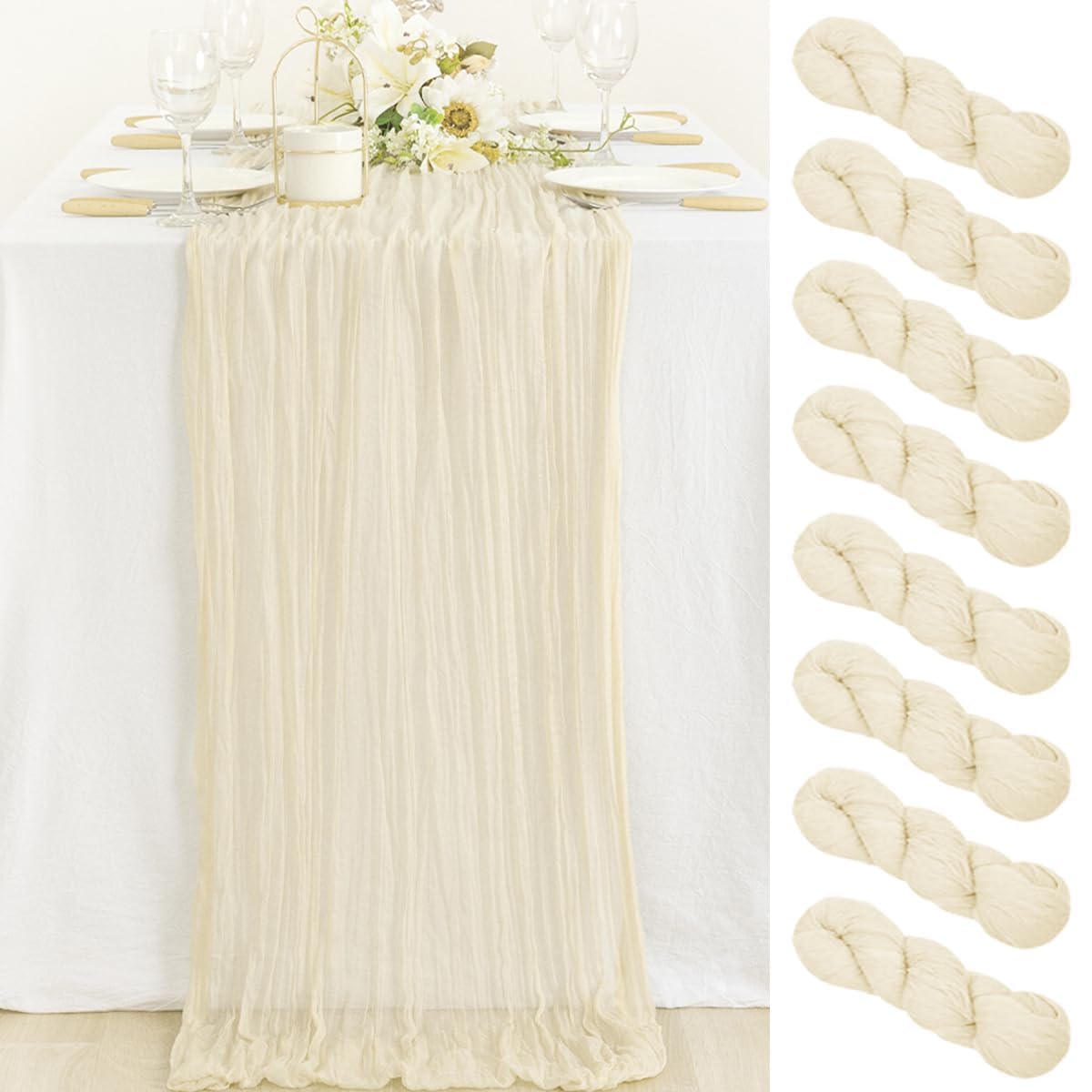 MLMC 8 Pack Beige Cheesecloth Valentines Table Runner 10ft Cream Rustic Gauze Cheese Cloth Table Runner 35x120 Inches for Weddin