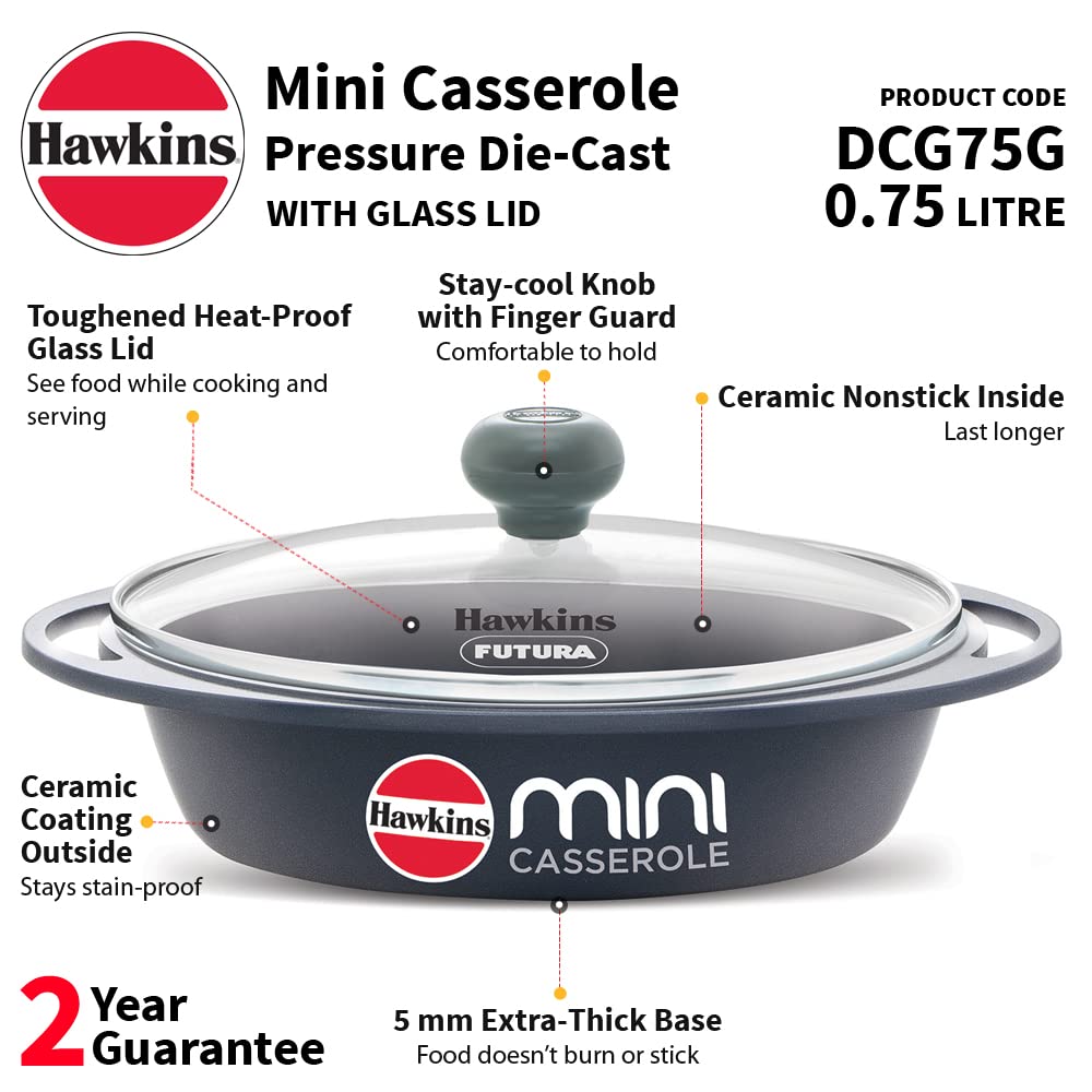 Hawkins 0.75 Litre Mini Casserole with Glass Lid, Oval Shaped Die-Cast pan for Cooking, Reheating, Serving and Storing, Grey (DC