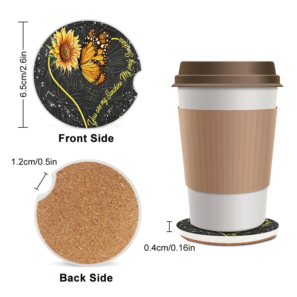 Butterfly Sunflower Absorbent Cup Holders Car Coasters Ceramic Stone Drinks Coaster Set for Women Man 2.56''(2 Pack)