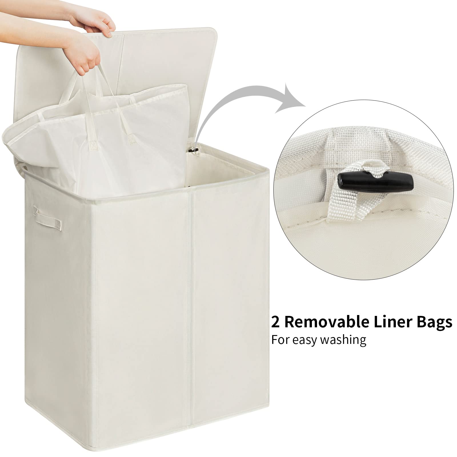 Wowlive 154L Double Laundry Hamper With Lid And Removable Laundry Bags, Large Dirty Clothes Hamper 2 Section Collapsible Laundry