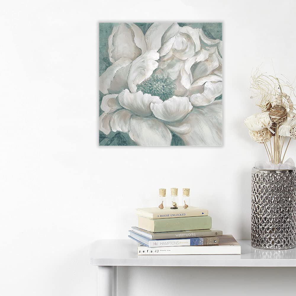 Bathroom Flower Picture Wall Art Blossom Teal White Floral Framed Painting Canvas Print With Hand Painted For Home Bedroom Decor