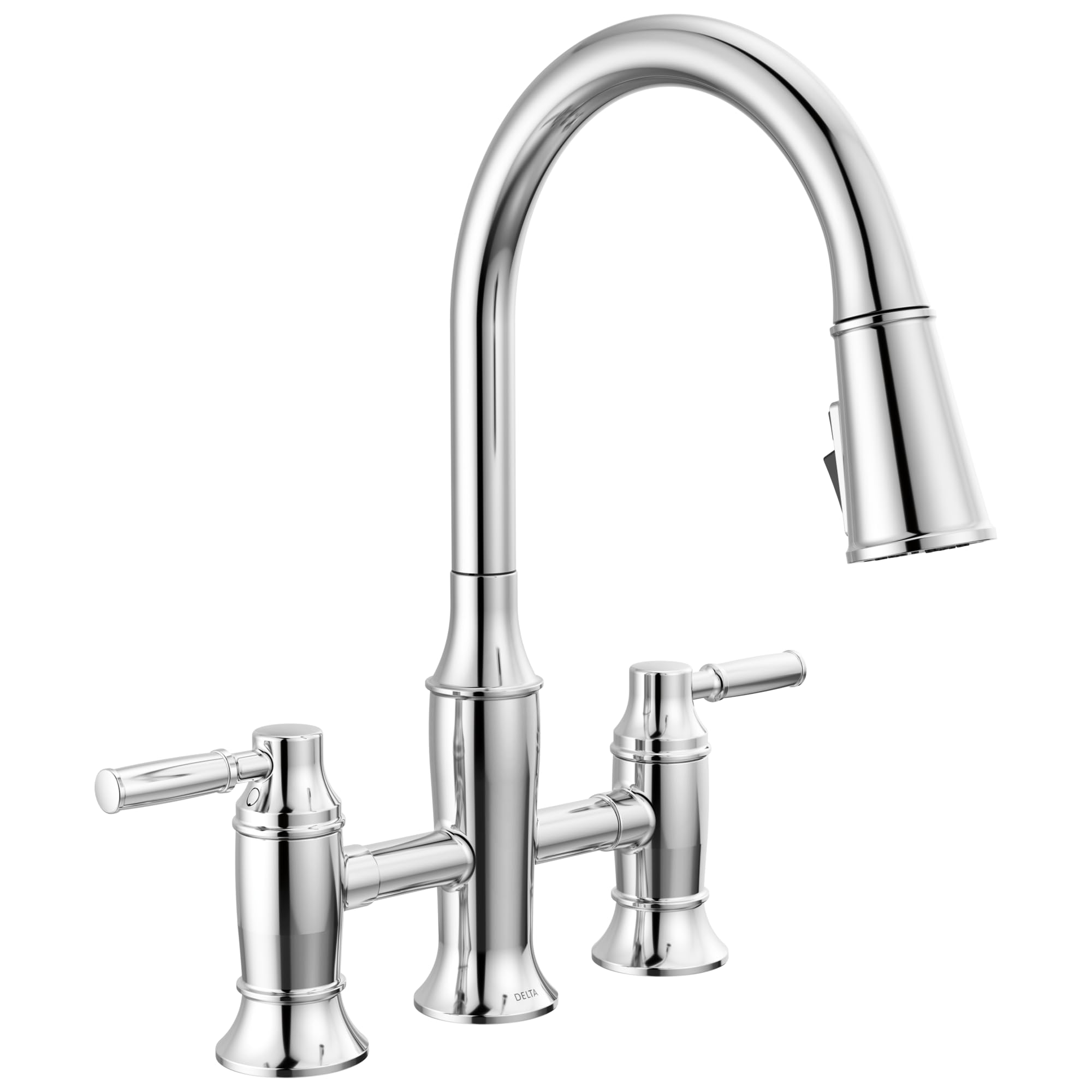 Delta Renaldi Chrome Kitchen Faucet with Pull Down Sprayer, Bridge 3 Hole Modern Kitchen Sink Faucet, Two-Handle, Lumicoat Chrom