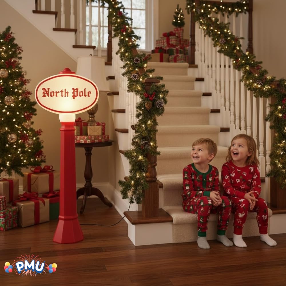 PMU Christmas Light-Up North Pole Sign - Plastic Blow Mold Statue Illuminated with 6 Cord and Light - Perfect Decor for Street,