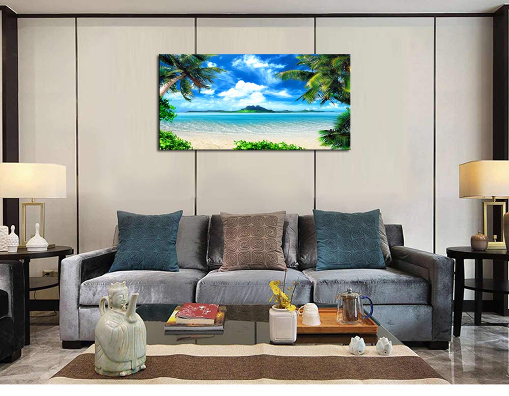 Dzl Art S72774 Canvas Wall Art Ocean Waves Coconut Trees On Sands Beach Seascape Scenery Painting Nature Picture For Bedroom Hom