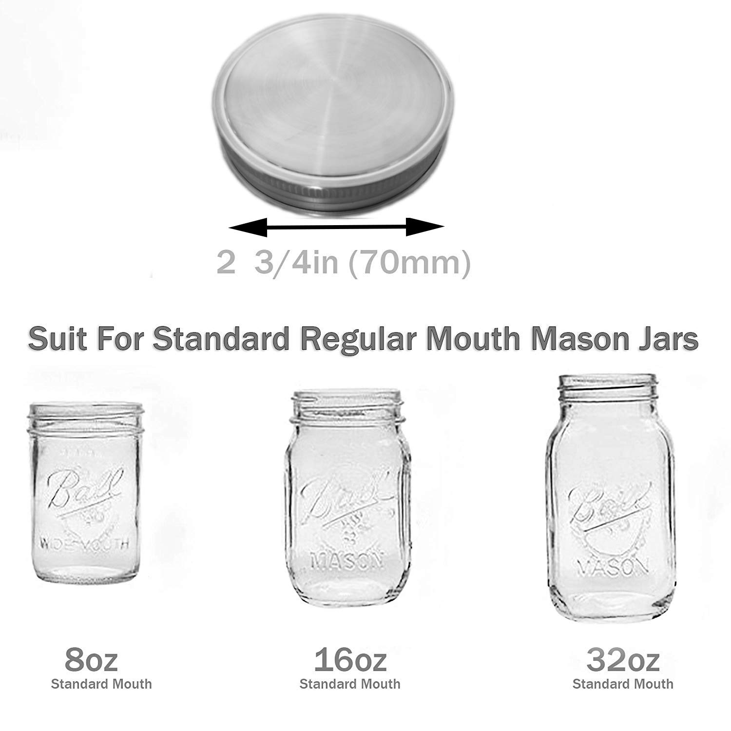 Stainless Steel Mason Jar Lids,12 Pack Polished Surface,Reusable And Leak Proof,Storage Caps With Silicone Seals For Regular Mou