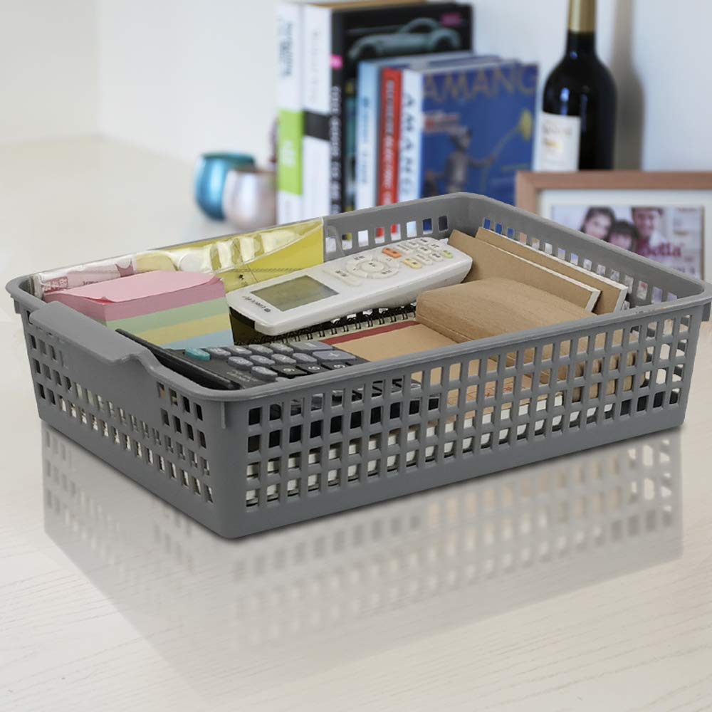 Gloreen 6 Pack Shallow Plastic Storage Basket, A4 Paper Basket Tray, Grey