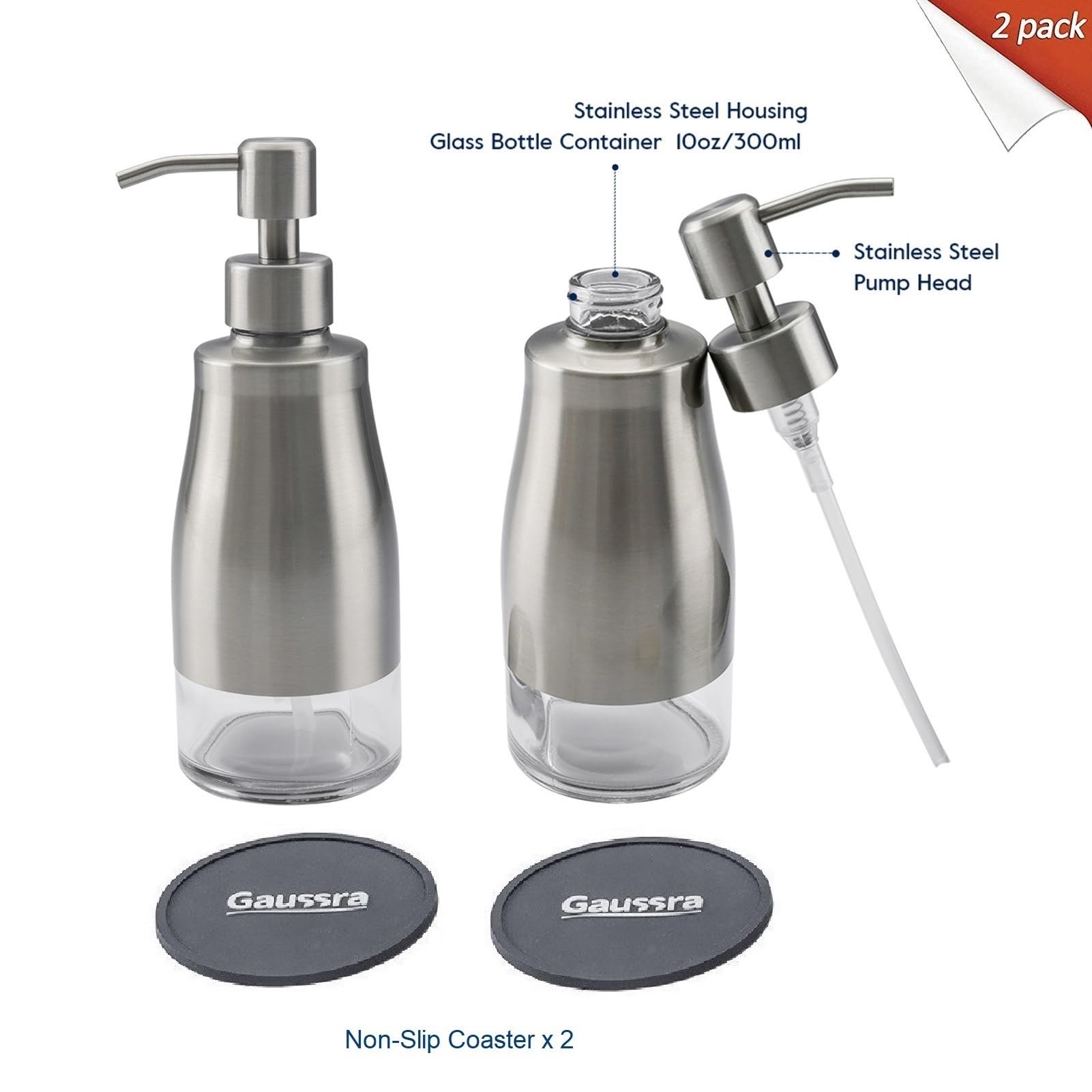 Gaussra 2 Pack Soap Dispenser With Non-Slip Coaster