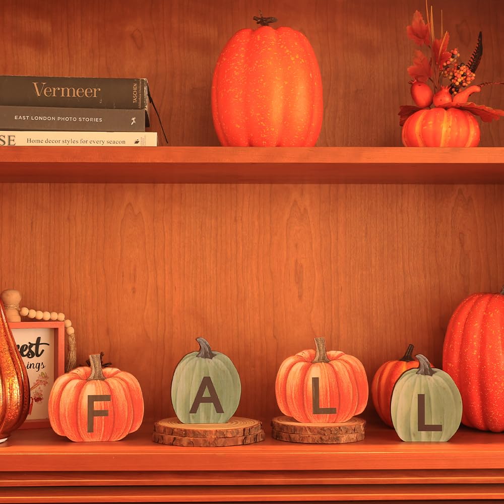 Fall Decorations for Home & Halloween Decorations Indoor, DECSPAS Double-sided Pumpkin Wood Sign with Fall & BOO Lettered, Autum