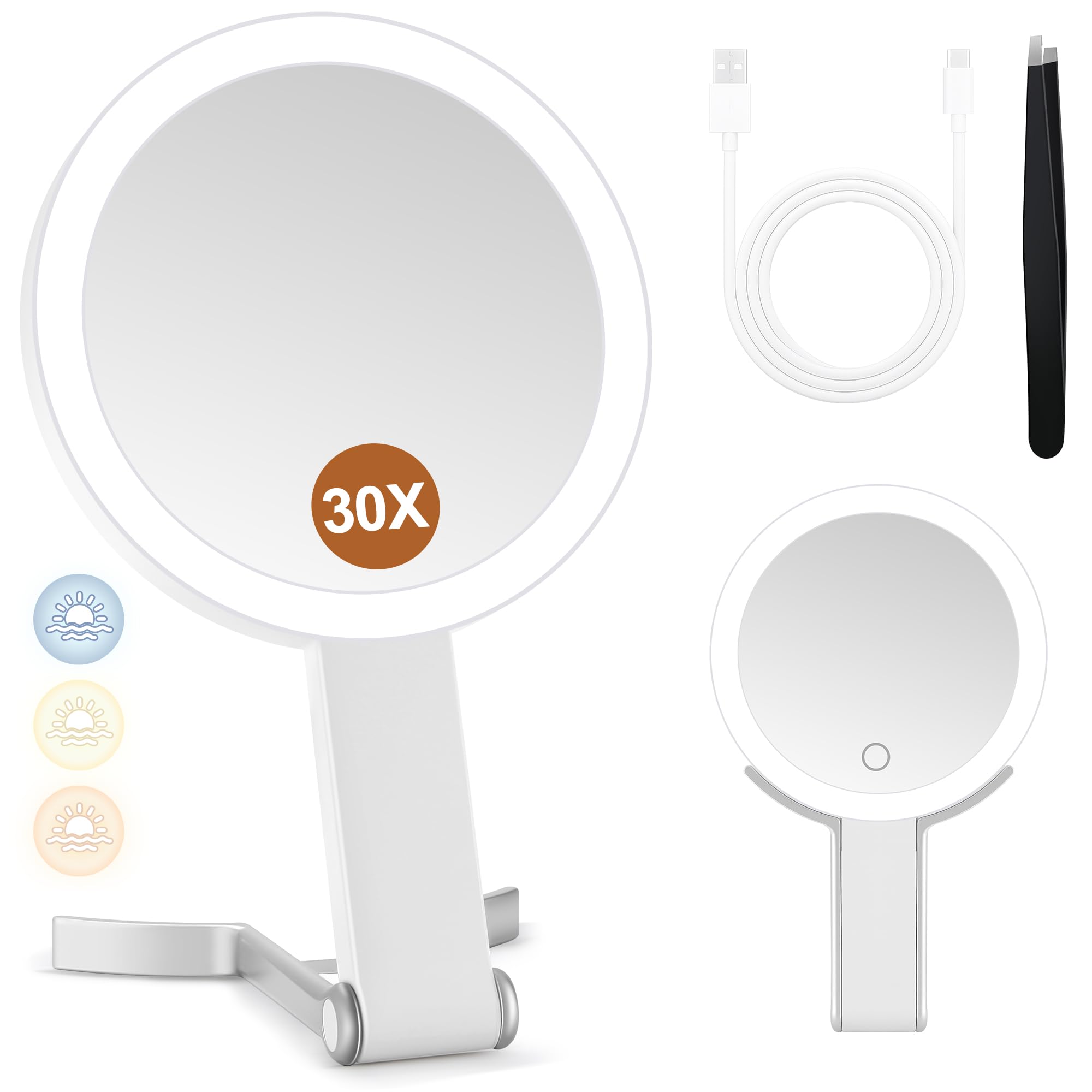 Miyadiva Travel Magnifying Mirror With Light, Double Sided 30X/1X Lighted Travel Makeup Mirror With Magnification, 3 Color Light