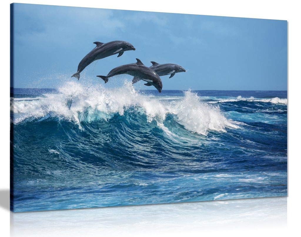 Dolphins Jumping Over Blue Waves Ocean Wildlife Canvas Wall Art Picture Print (24X16)