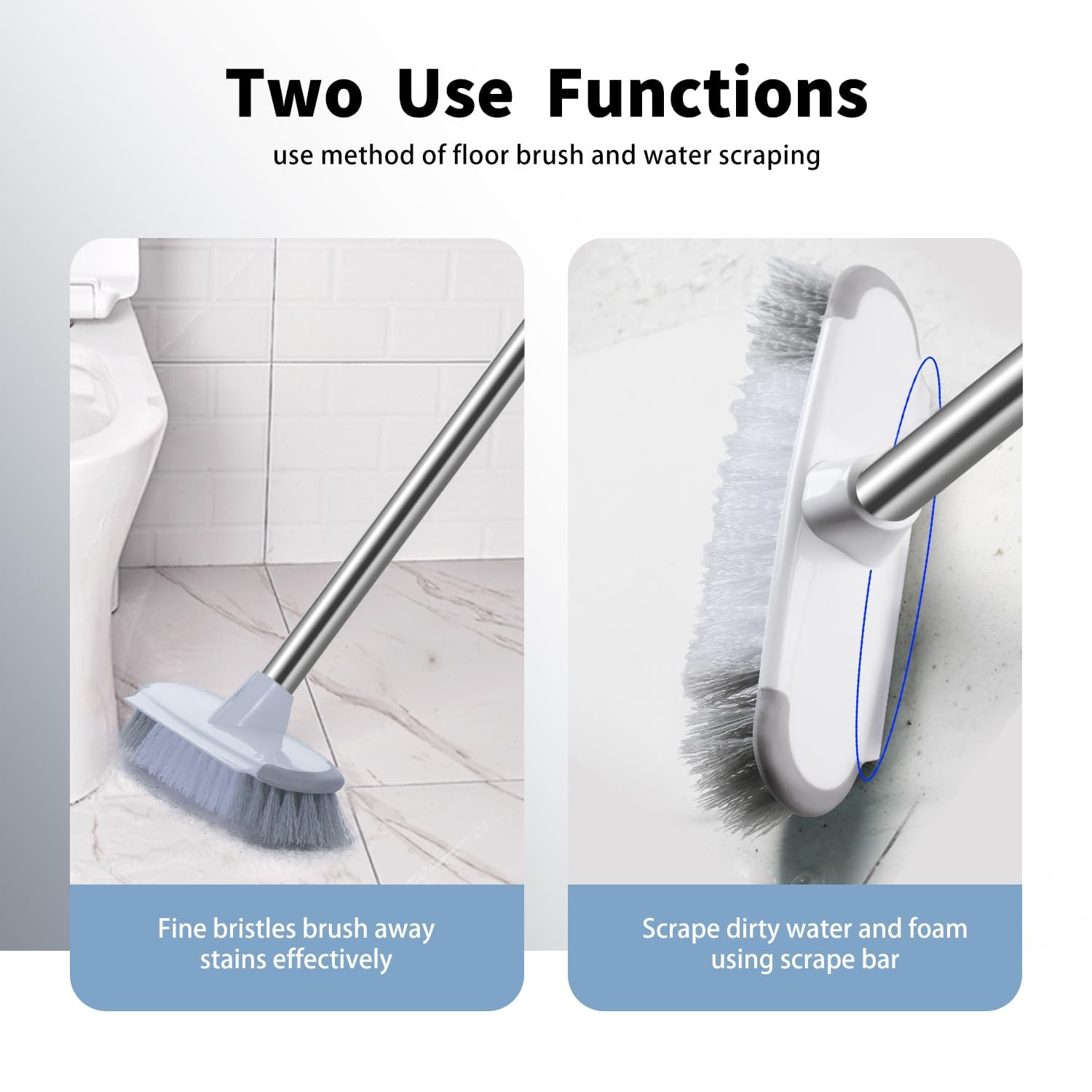 Meibei Floor Scrub Brush With Long Handle 54'' Stiff Bristle Shower Deck Brush, Adjustable Stainless Metal Handle For Cleaning T