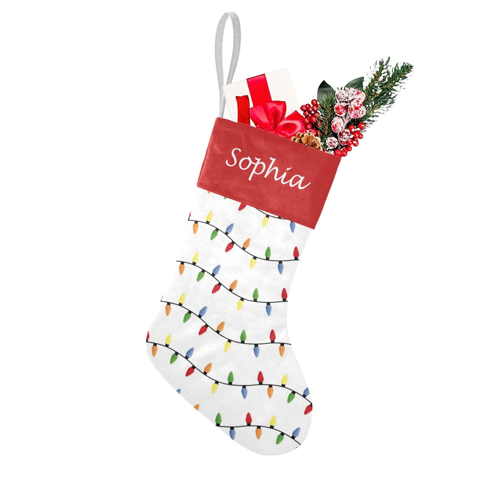 Personalized Christmas Stocking Colorful Holiday Lights Pattern Santa Socks with Name Custom for Xmas Party Decoration Gift for 