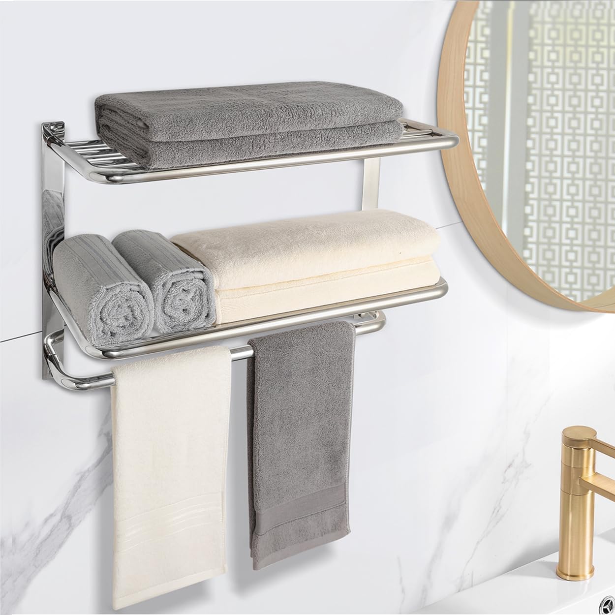 Bathroom Towel Rack with Tower Bars - SUS 304 Stainless Steel Lavatory Bath Towel Shelf Wall Mount Towel Holder Polished Surface Finish  22 Inch  3-Tier