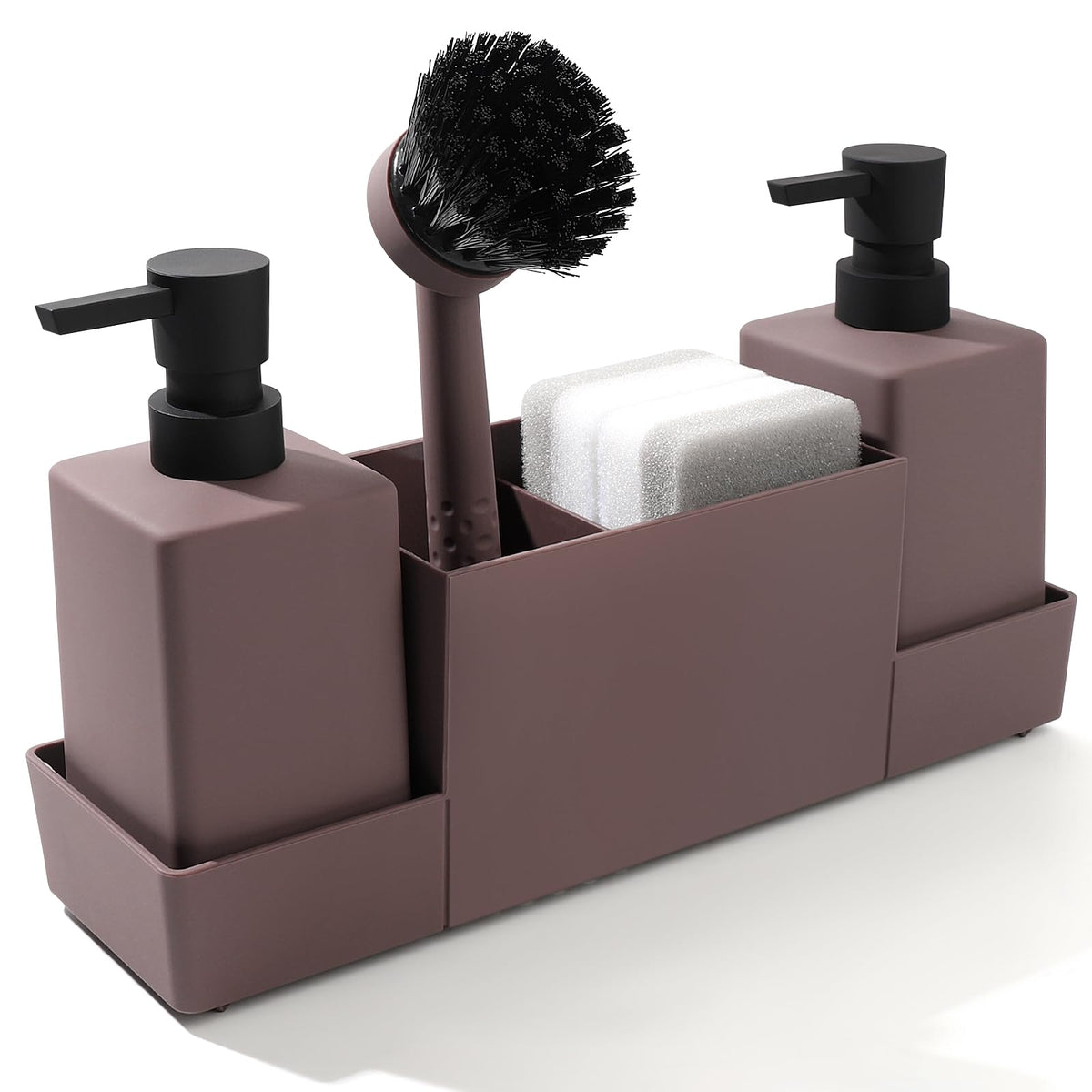 Kitchen Soap Dispenser With Sponge Holder Set For Sink Caddy, Hand Soap And Dish Soap Dispenser With Brush (Brown)