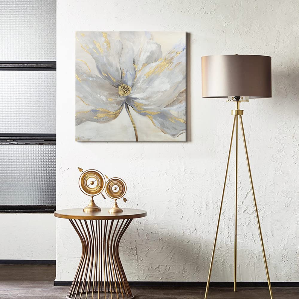 Goldfoilart Floral Wall Art Gold Flower Canvas Pictures With Foil Embellishment Painting Grey Print Framed Artwork For Bedroom B