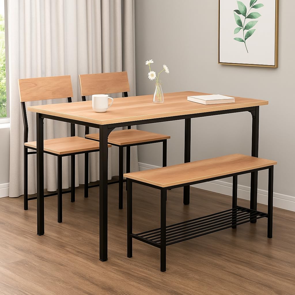Forecrafts Dining Table Set Of 4 With Bench & Chairs, 4 Seater Table, Engineered Wood Top & Metal Frame, Compact Space Saving Fu