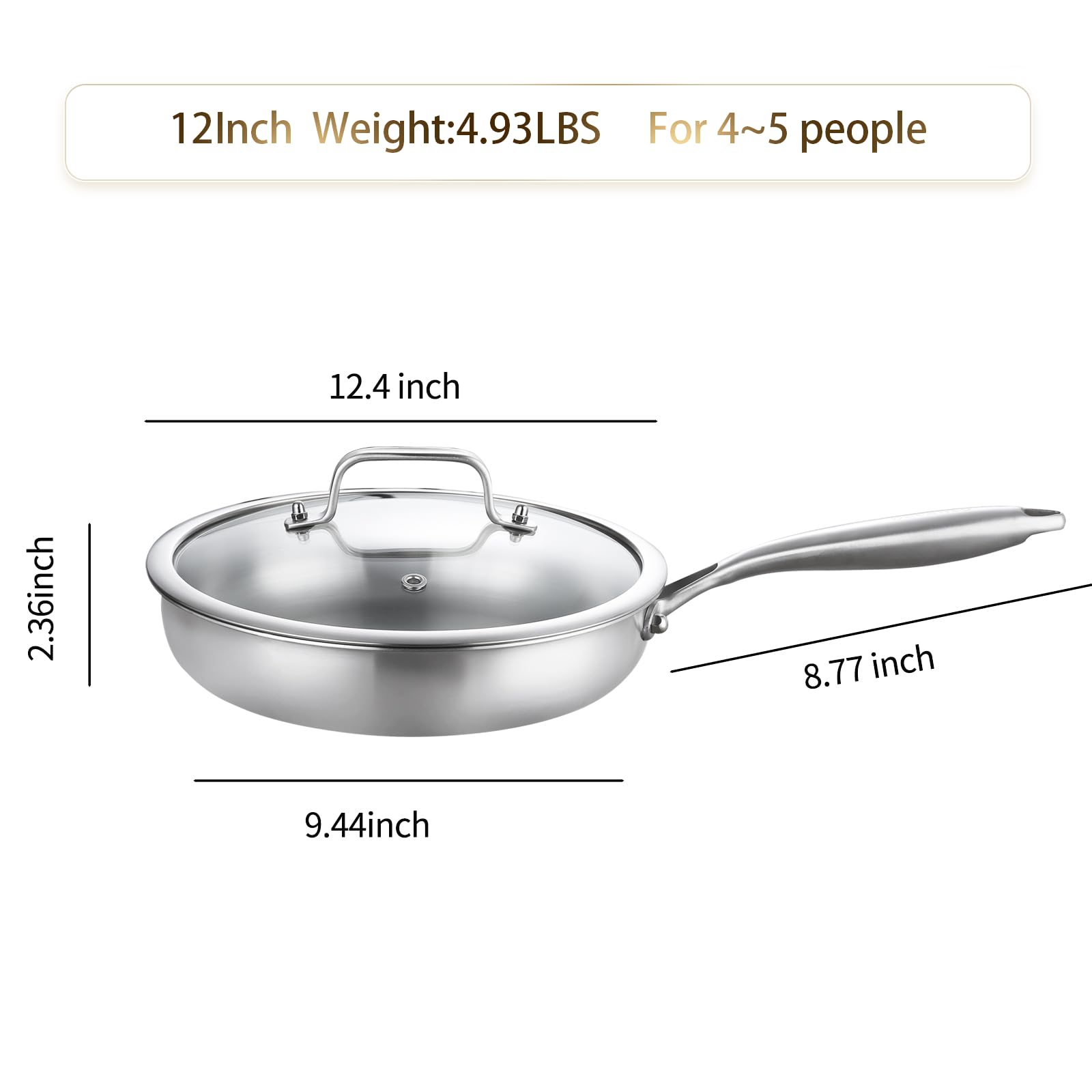 Delarlo Tri-Ply Stainless Steel Pan, 12 Inch Frying Pan With Lid, Compatible With All Cooktops Up To 600?, Fast & Even Heat, Ski