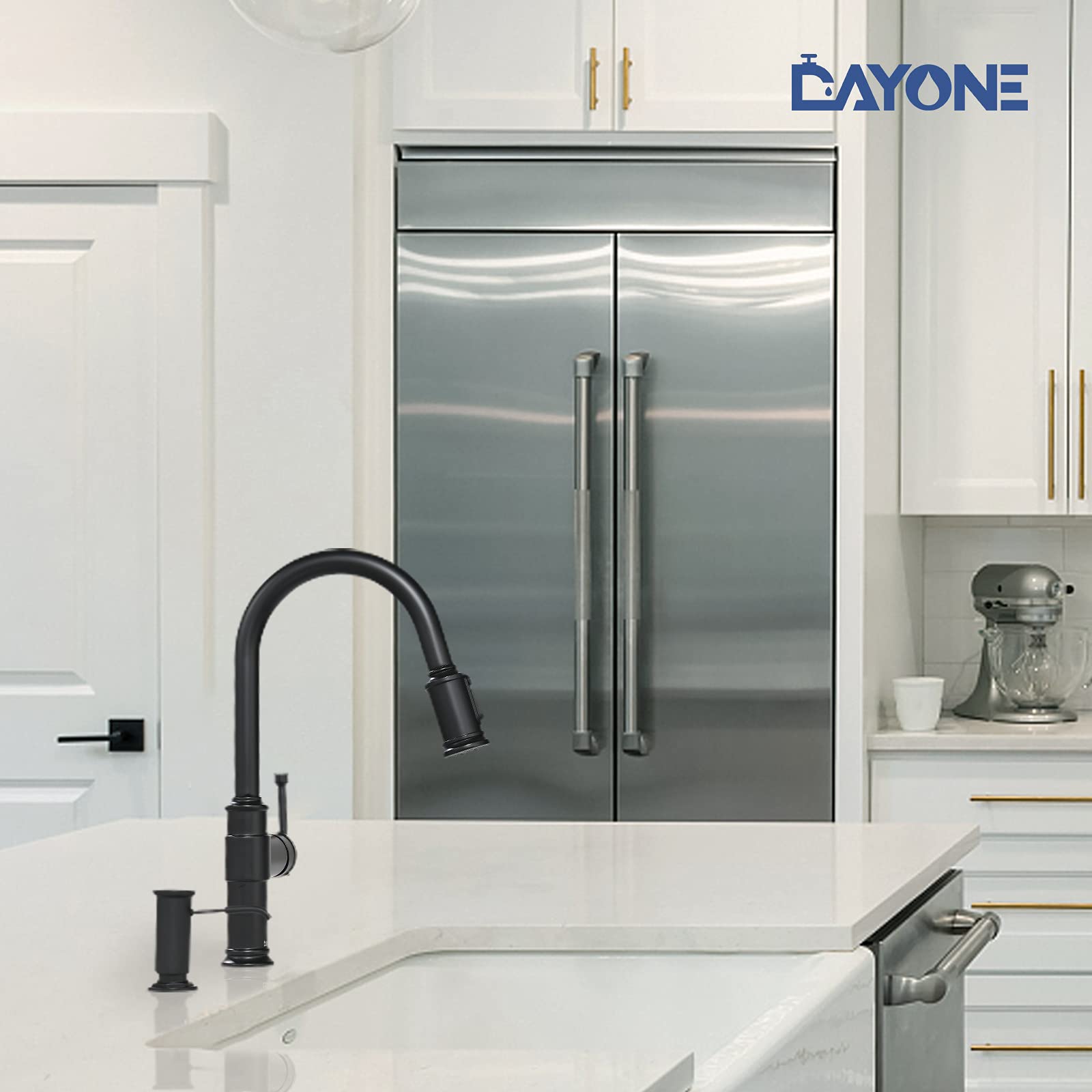 Matte Black Kitchen Faucets With Pull Down Sprayer, Dayone Single Handle Stainless Steel Kitchen Faucet One Hole High Arc Farmho