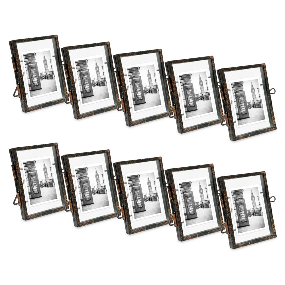 Isaac Jacobs 2x3 (10-Pack), Antique Bronze, Vintage Style Brass and Glass, Metal Floating Picture Frame (Vertical) with Locket C