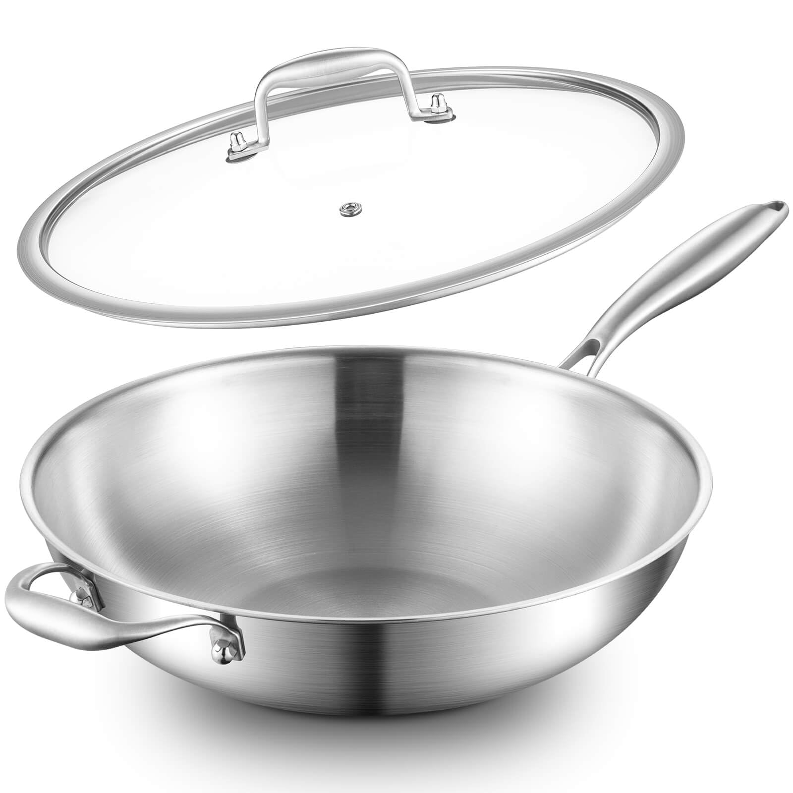 Delarlo Tri-Ply Stainless Steel Wok, 12 Inch Healthy Non-Toxic Cooking Wok Pan With Lid, With Side Ear, Wide & Deep Cookware Sti