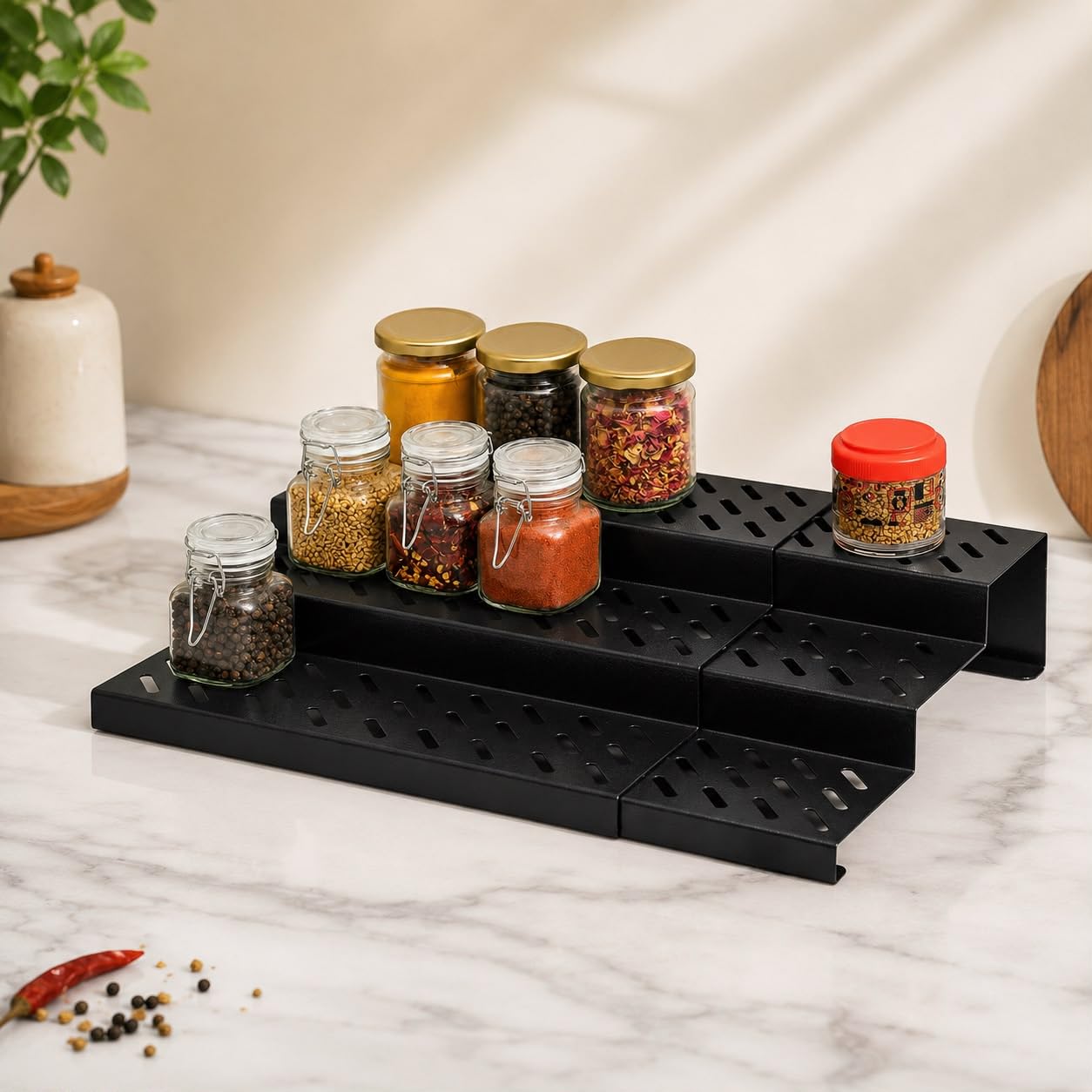 Herrlich Homes 3 Tier Expandable Kitchen Rack Organizer | Adjustable 3155cm | Spice & Jar Stand, Countertop Storage Shelf for K