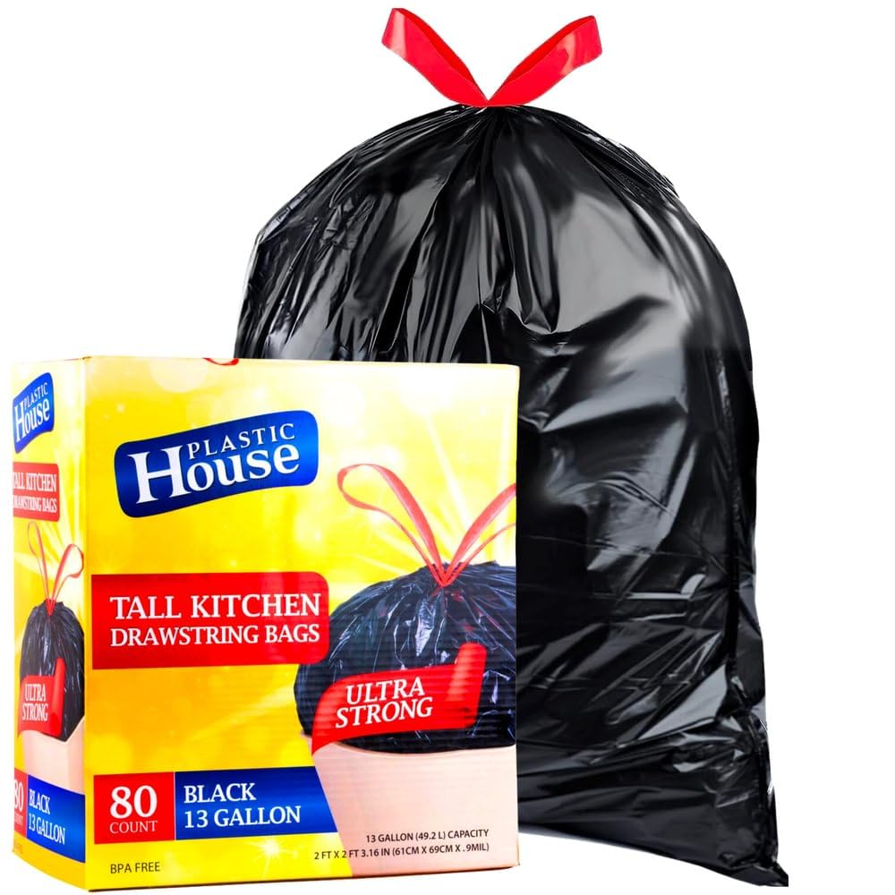 Strong Large 13 Gallon Drawstring Trash Bags Black Can Liners Kitchen Garbage Bags Multipurpose 80 CT Home Lawn Bags