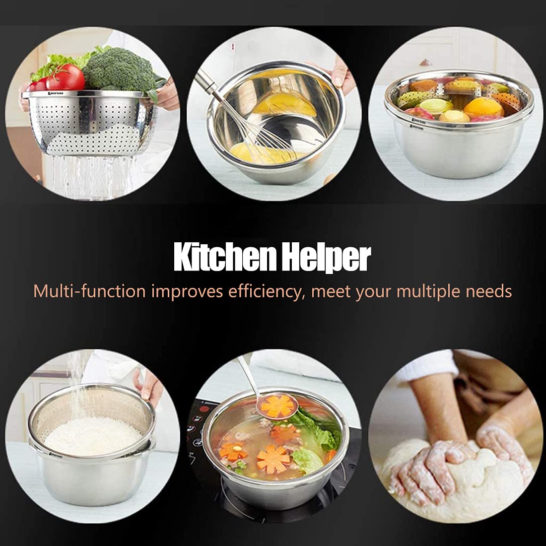 Linkidea 11'' 304 Stainless Steel Colander With Bowl Set Of 2, Kitchen Strainer, Washer, Drainer Basket With Basin For Vegetable
