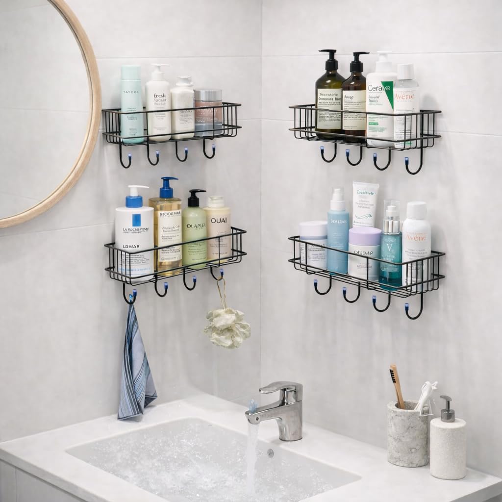Toro Gi Steel Self Adhesive Bathroom Shelf & Rack/No Drill Wall Mount Bathroom Organiser With Hooks & Towel Hanger/Kitchen Hangi