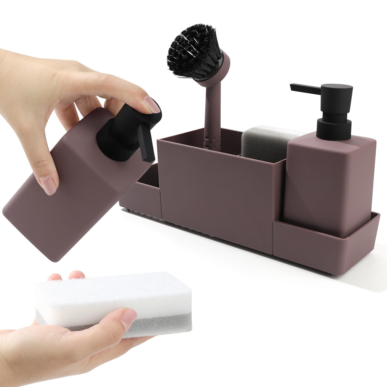 Kitchen Soap Dispenser With Sponge Holder Set For Sink Caddy, Hand Soap And Dish Soap Dispenser With Brush (Brown)