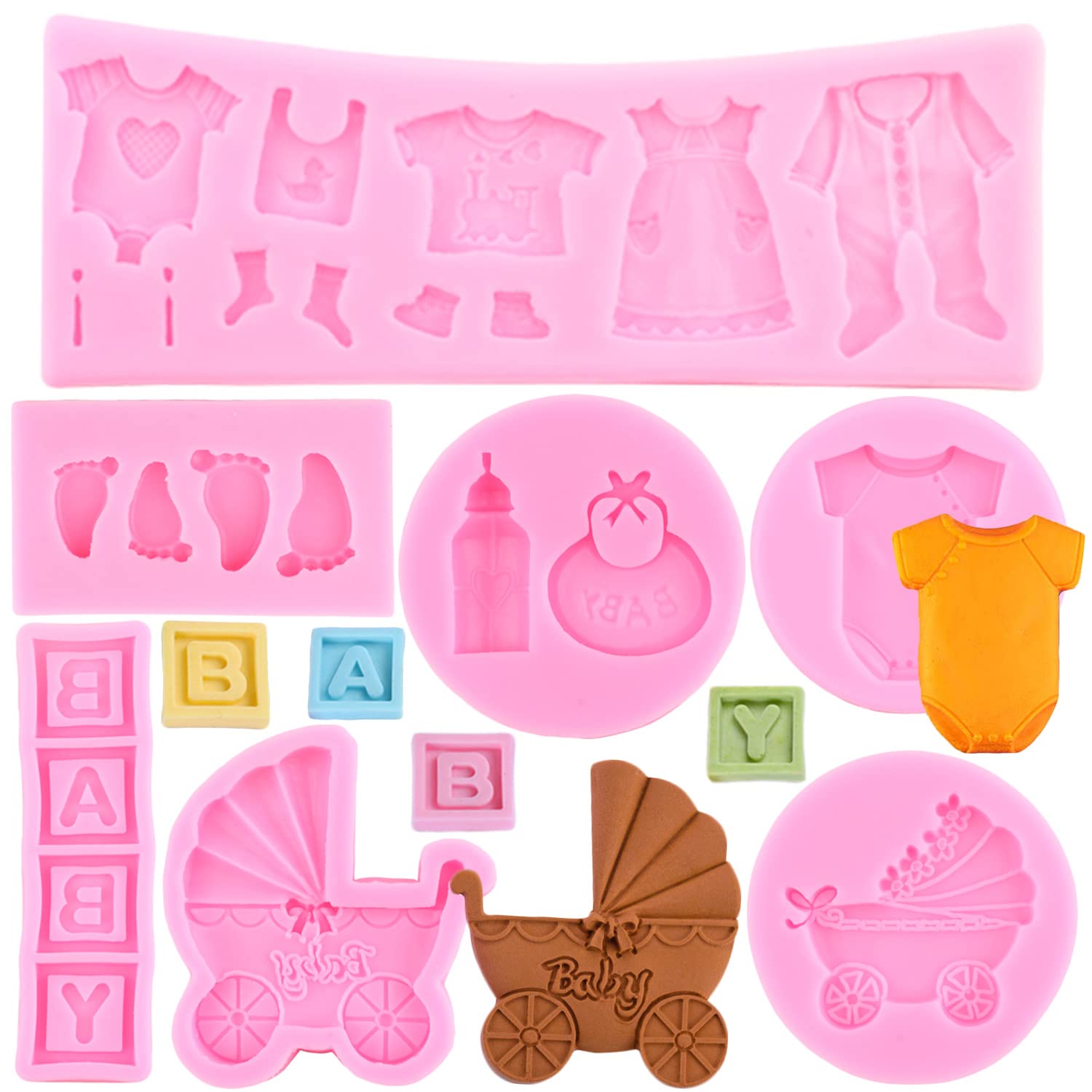 Miyahouse Baby Silicone Fondant Mold Baby Shower Themed Cake Fondant Molds Baby Feet Molds Baby Bottle Cradles Mold For Baby Bir