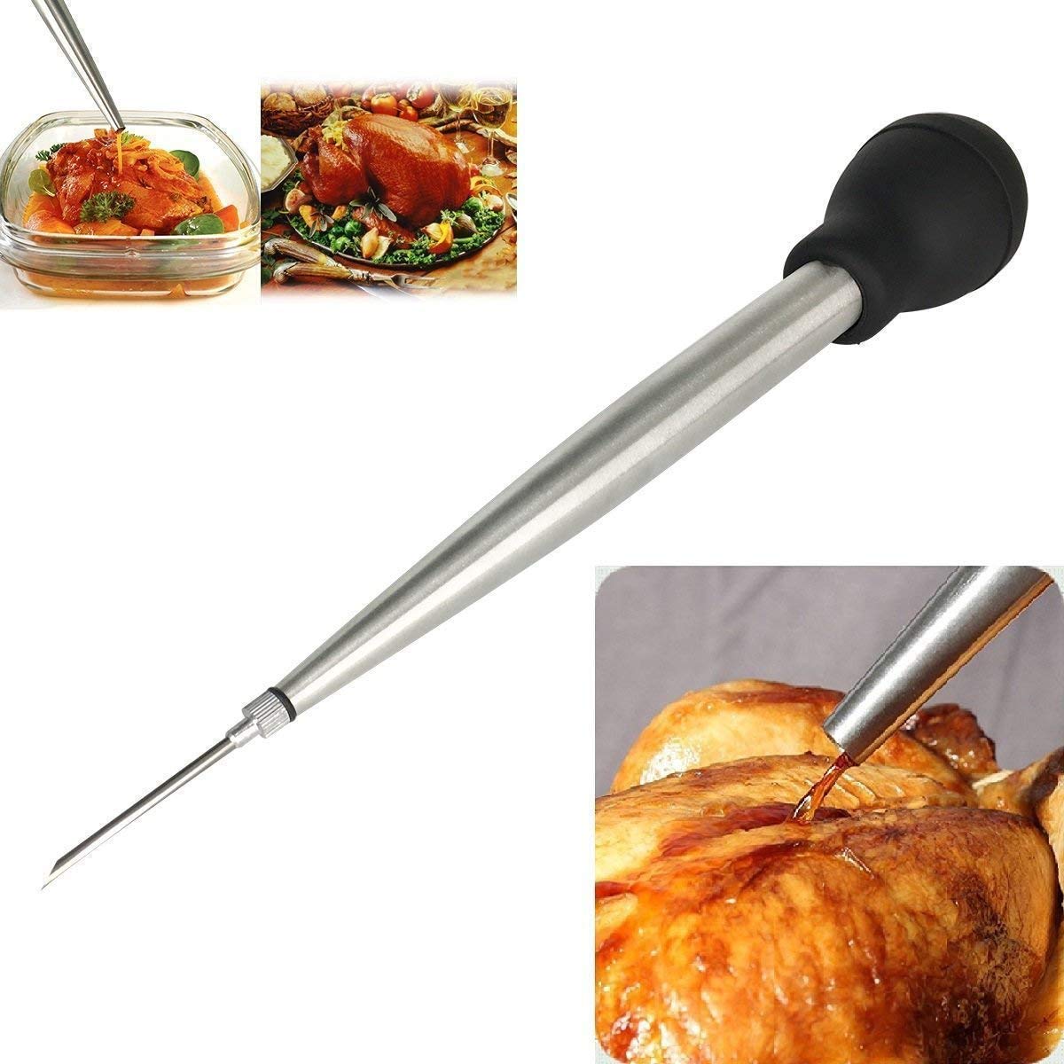 Home Servz Stainless Steel Turkey Baster Syringe And Poultry Lifters Fork Set Of 2,