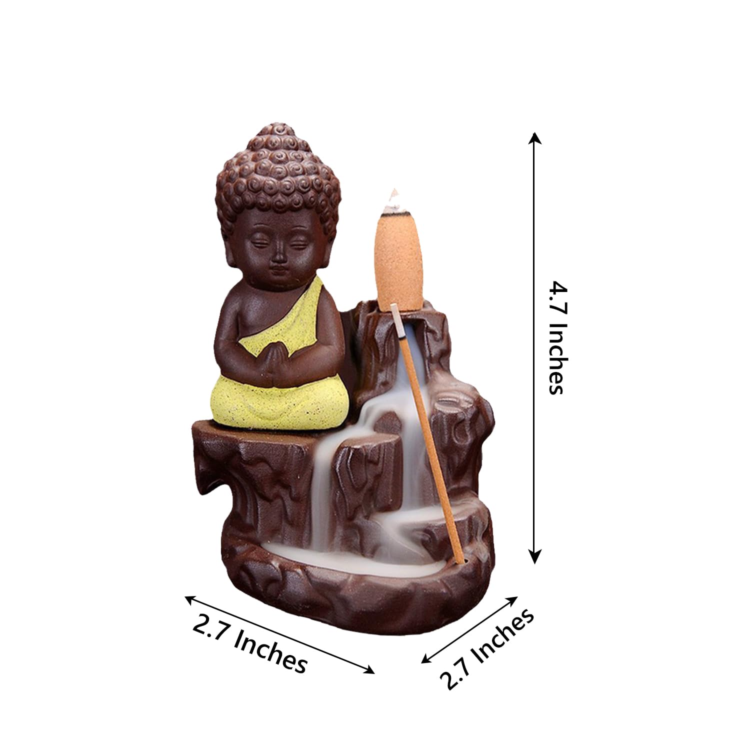 eCraftIndia Meditating Monk Buddha Smoke Backflow Cone Decorative Incense Holder (7 cm x 7 cm x 12, Yellow)
