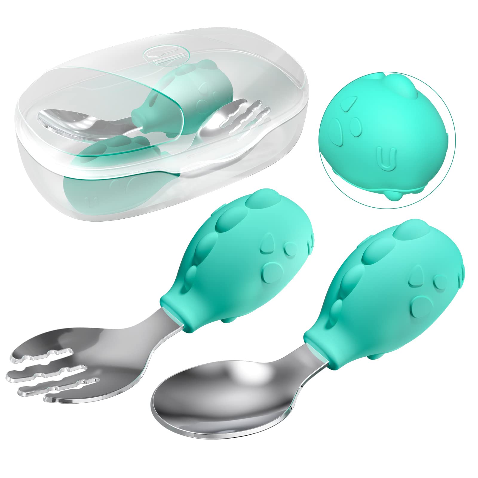 Deejoy Toddler Utensils - Stainless Steel Spoons and Forks, Kids Silverware Self Feeding Flatware Set with Travel Safe Case (Gre
