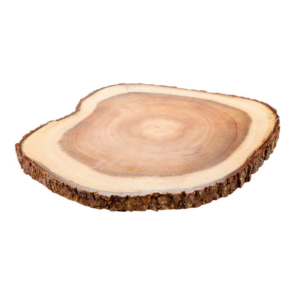 Restaurantware 9 Inch X 9 Inch Acacia Serving Board 1 Round Wood Platter With Bark - Varnished With Bark Edges Small Natural Aca