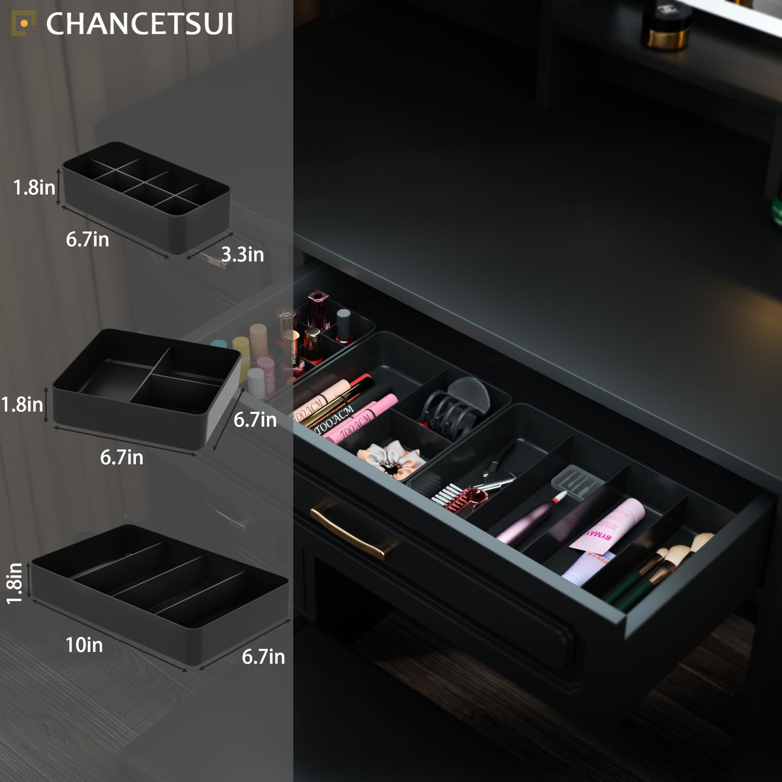 Drawer Organizer, Stackable Divider 3 Packs Makeup Organizers Bathroom Countertop, 15 Cell Compact Desktop Dresser Sundries Stor