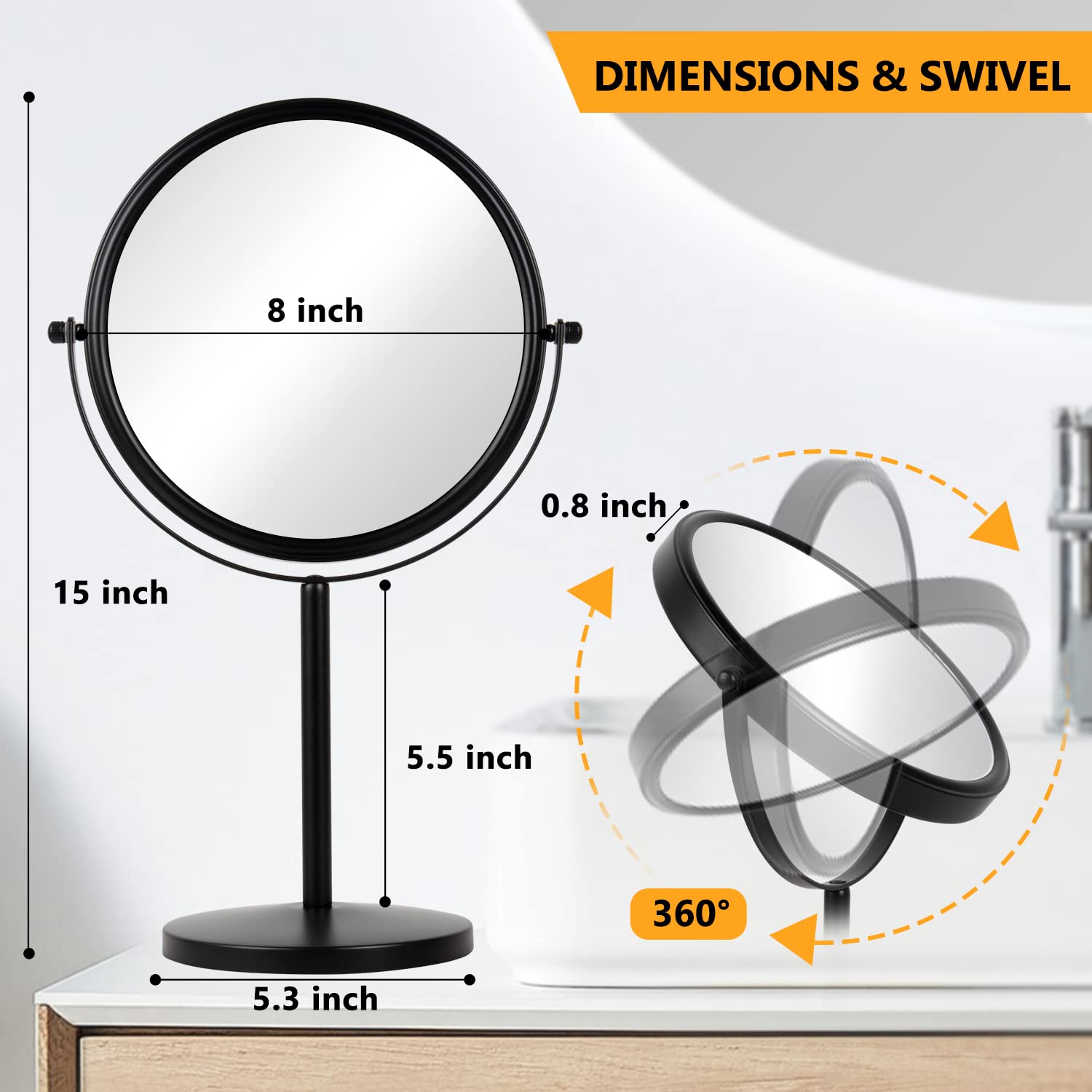 Alhakin 10X Magnifying Makeup Mirror, 8 Inch Tabletop Mirror Double Sided With Magnification, Swivel Make Up Mirror For Bathroom