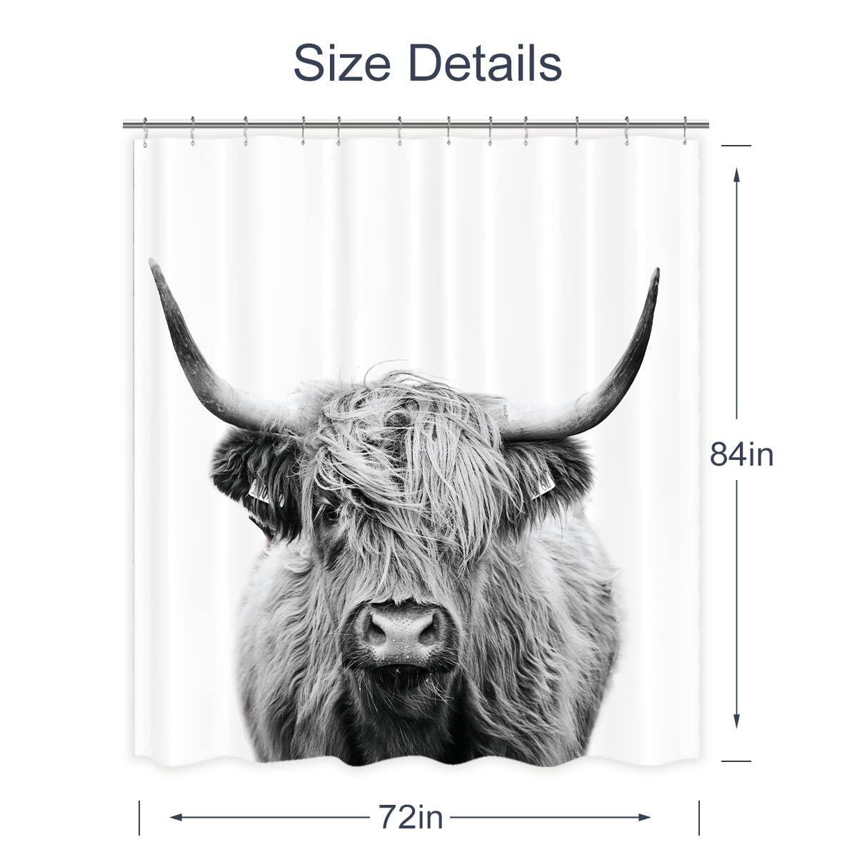 Ambzek Highland Cow Shower Curtain 72Wx84L Inch Bull Western Country Farmhouse Cattle Animal Wildlife Extra Long Large Funny Cut