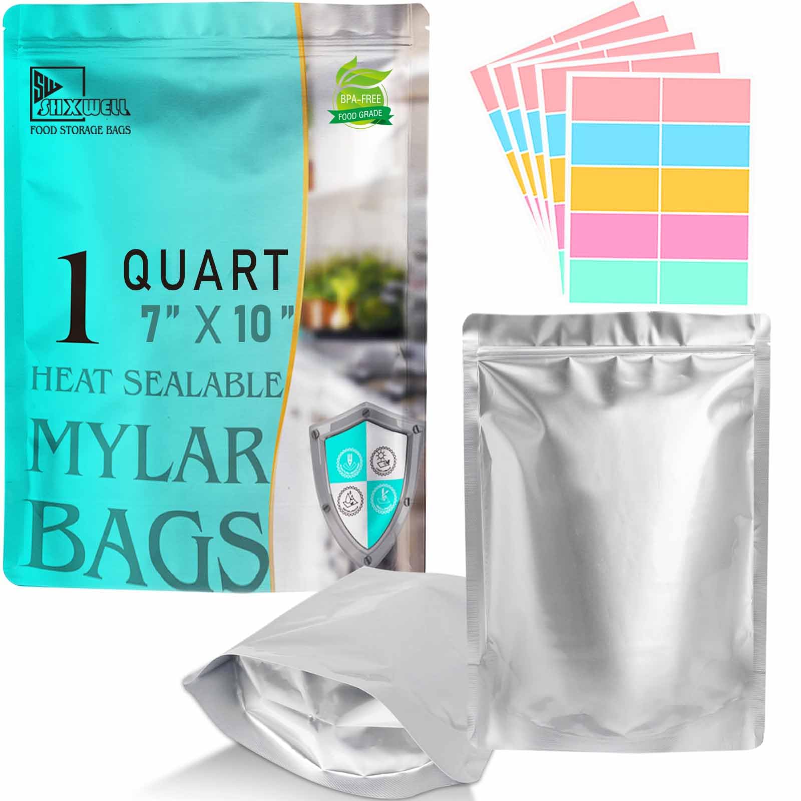 Shxwell 50Pcs 1 Quart Mylar Bags For Food Storage, 7''X10'' 10 Mil Stand-Up Zipper Pouches Resealable And Heat Sealable For Long