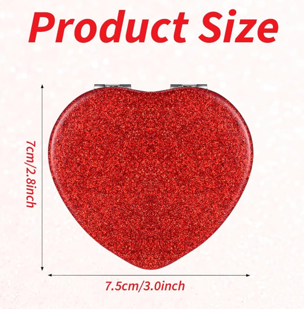 Mpowtech Cute Heart Shaped Compact Mirror For Purse,Red Travel Mirror With Glitter,Leather Small Pocket Mirror,Portable 2 X 1X M