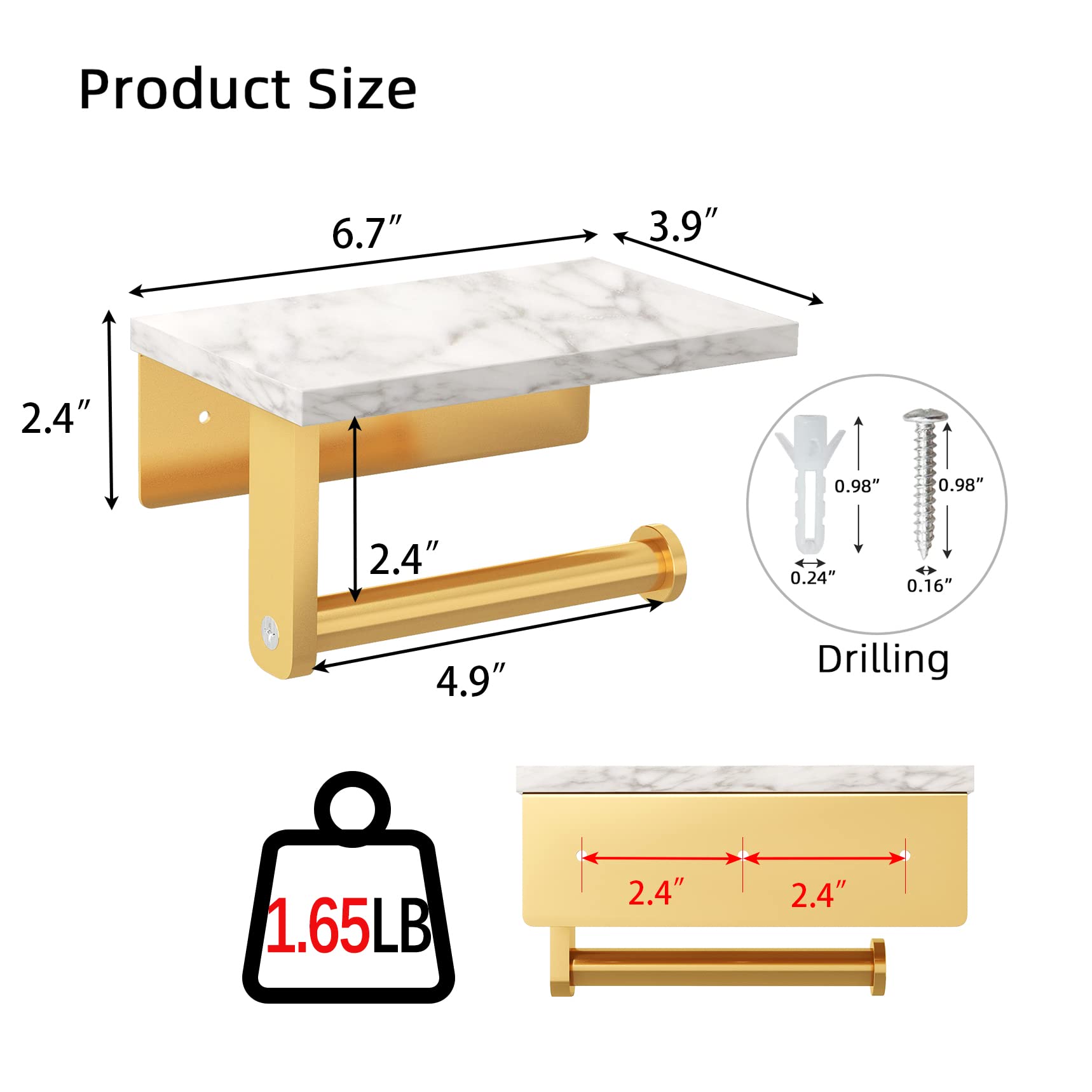 Brushed Gold Toilet Paper Holder with Natural Marble Shelf  304 Stainless Steel Screw Wall Mounted  Tissue Roll Paper Holder Dispenser for Bathroom Washroom