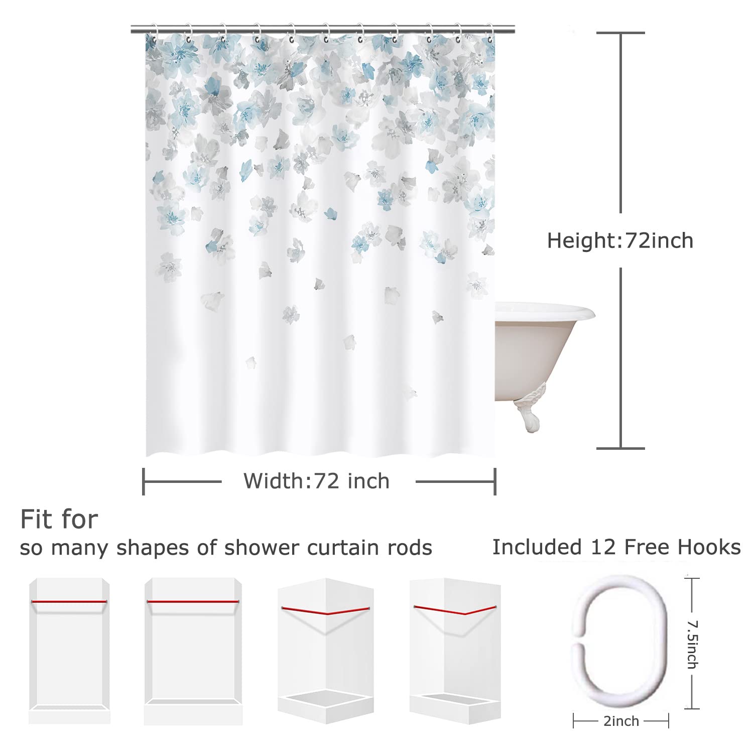 Livilan Floral Shower Curtain, Blue And Gray Shower Curtain, Weeping Flower Shower Curtain With 12 Hooks Light Blue Simple Showe