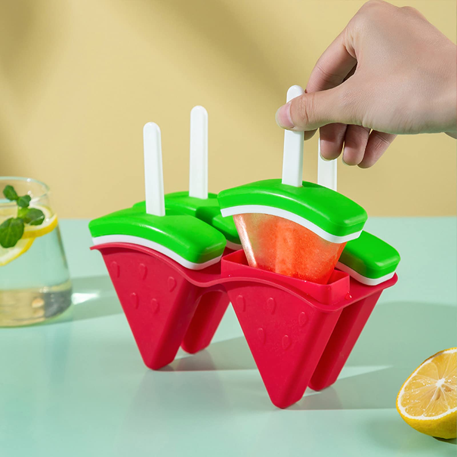 Popsicles Molds For Kids, 4 Cavities Bpa-Free Silicone Frozen Popsicles Mold, Reusable Easy Release Watermelon Shape Ice Cream M
