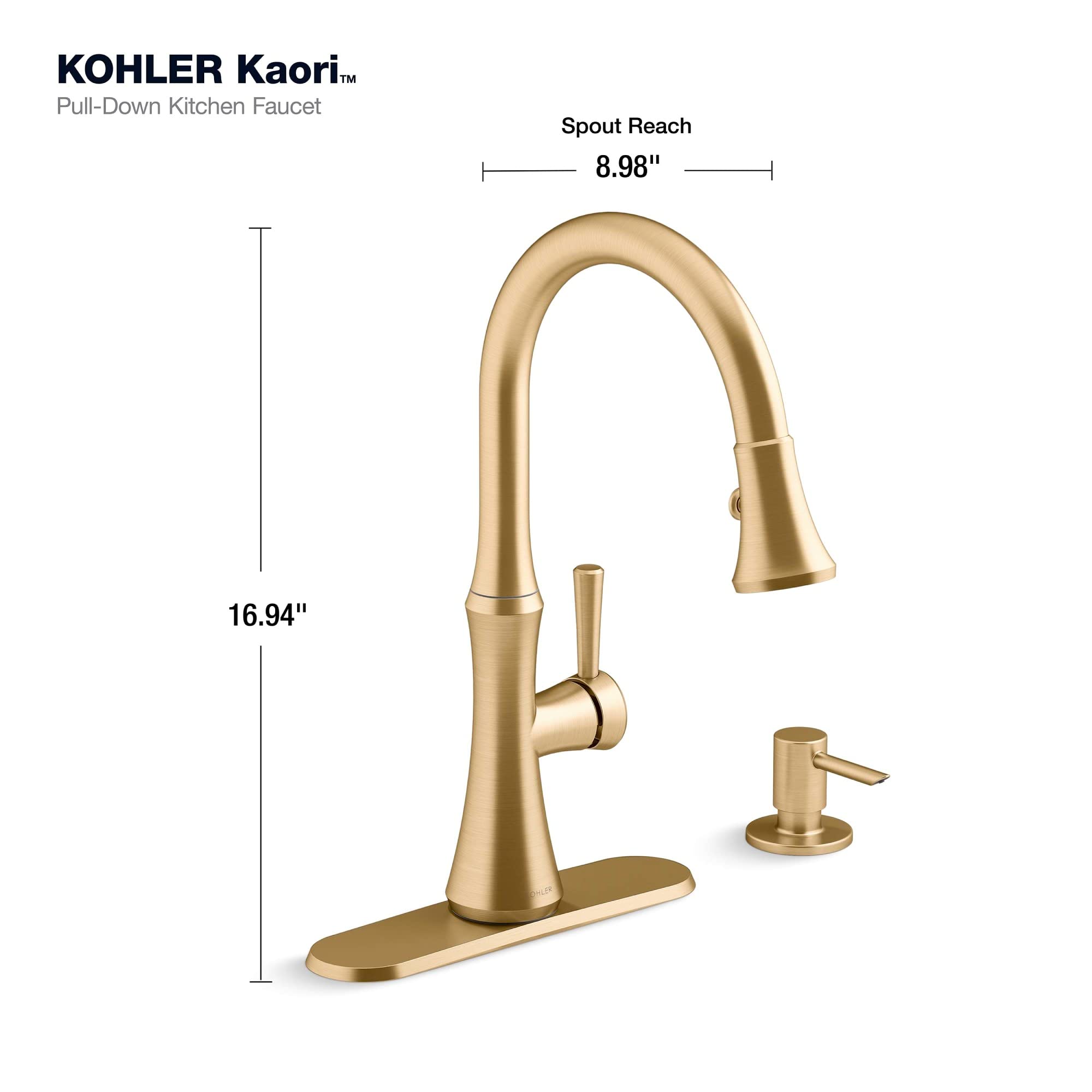 KOHLER Kaori Kitchen Faucet with Pull Down Sprayer & Soap Dispenser, Model R28706-SD-2MB, Vibrant Brushed Moderne Brass
