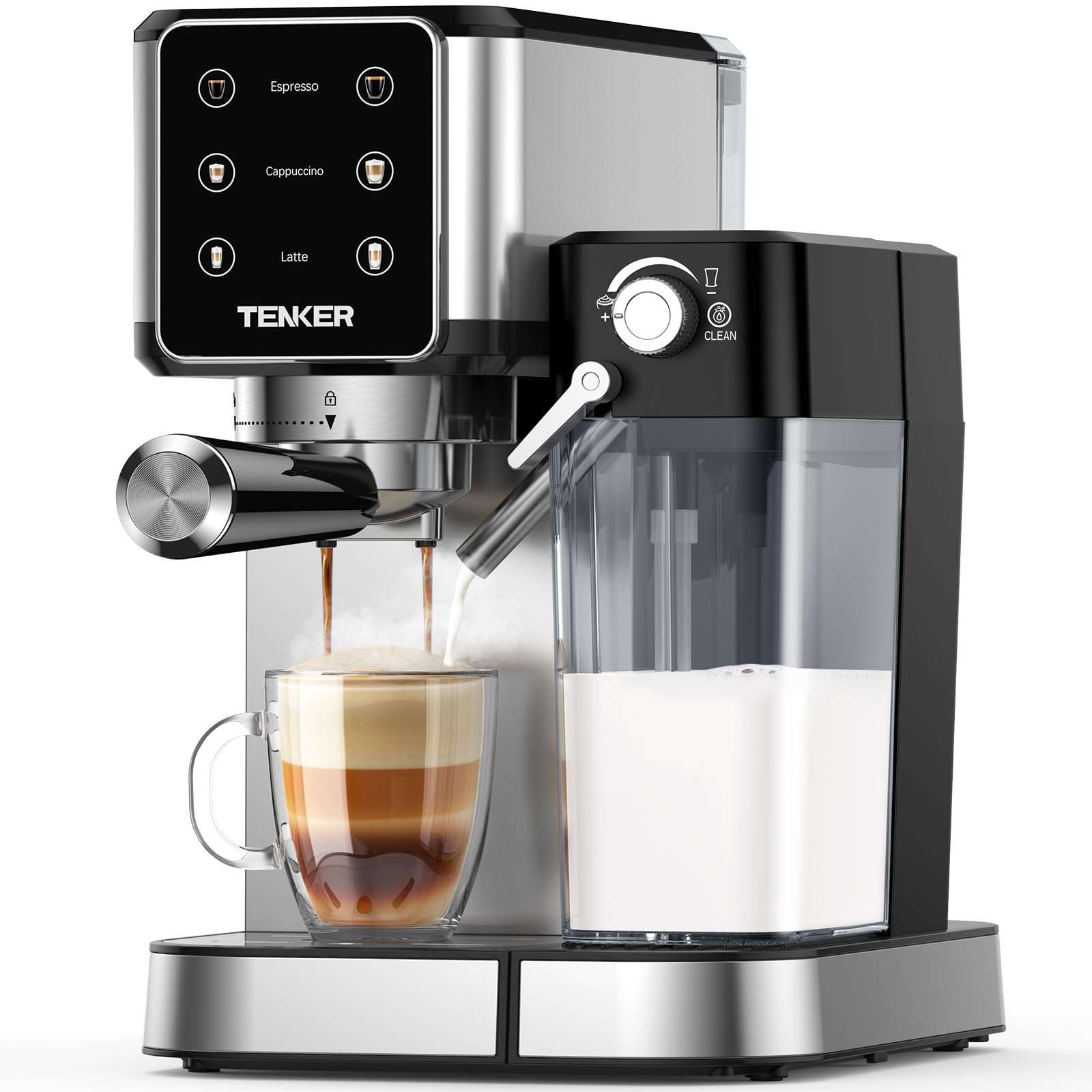 TENKER Espresso Machine 20 Bar, Cappuccino Machine with Automatic Milk Frother, Latte Machine in Stainless Steel Design, 1350W T