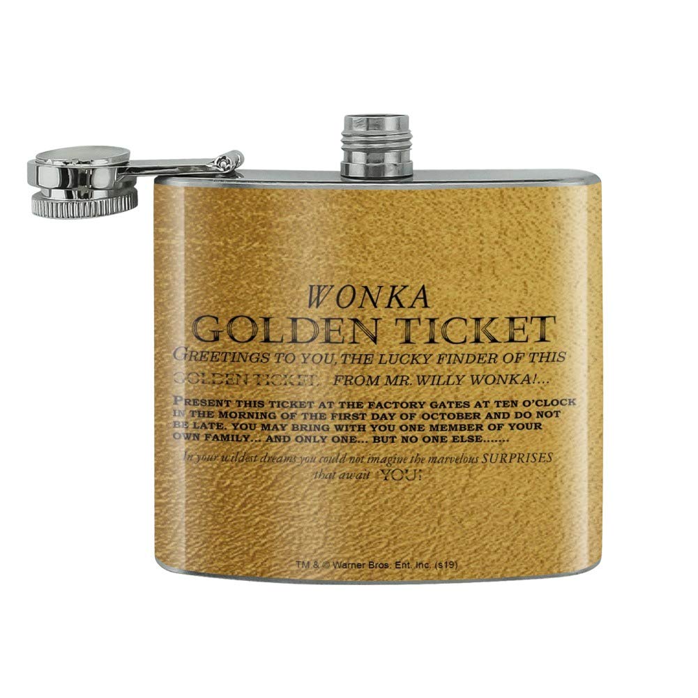 Willy Wonka And The Chocolate Factory Golden Ticket Stainless Steel 5Oz Hip Drink Kidney Flask